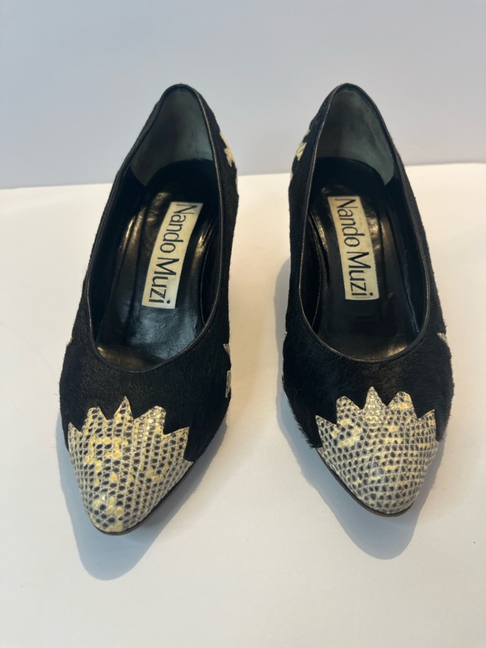 Nando Muzi Black Pumps with Cream Snakeskin Pointed Toe